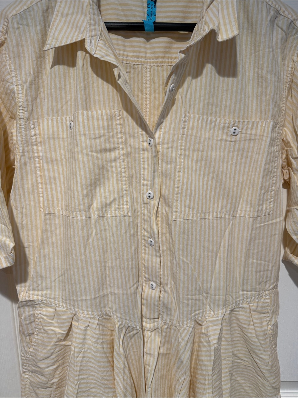 Free People- Light Yellow Striped Button-Front Women’s Tunic Top/mini-dress - Picture 2 of 6